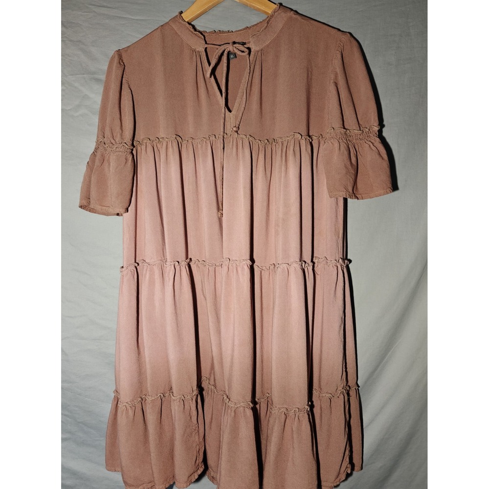 J Gee Gradient Brown Tan Short Sleeve V Neck tiered‎ ruffle Dress Bohemian
